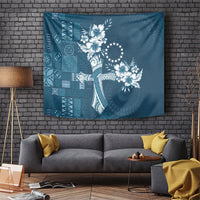 Kia Orana Cook Islands Tapa Floral With Cross Tapestry Navy Blue