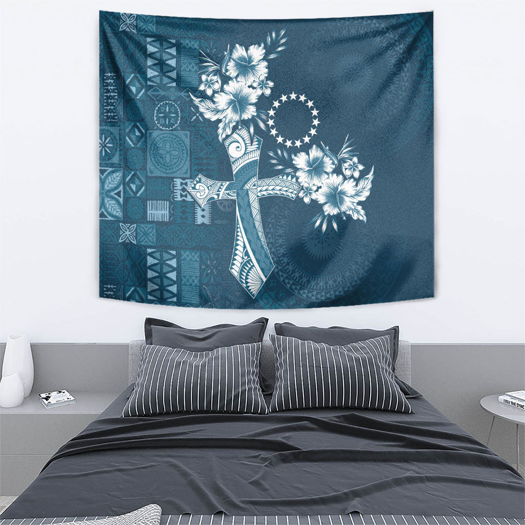 Kia Orana Cook Islands Tapa Floral With Cross Tapestry Navy Blue