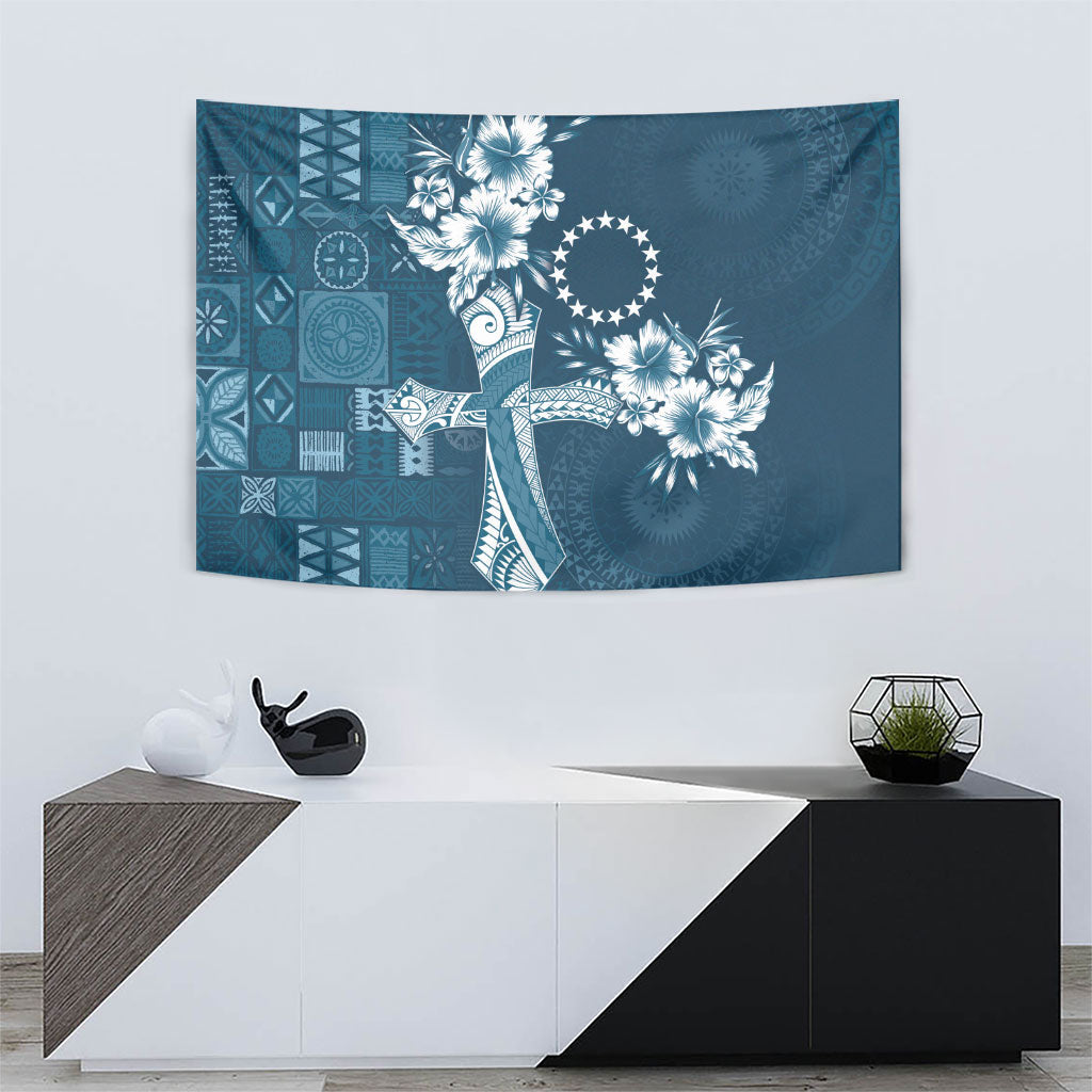 Kia Orana Cook Islands Tapa Floral With Cross Tapestry Navy Blue