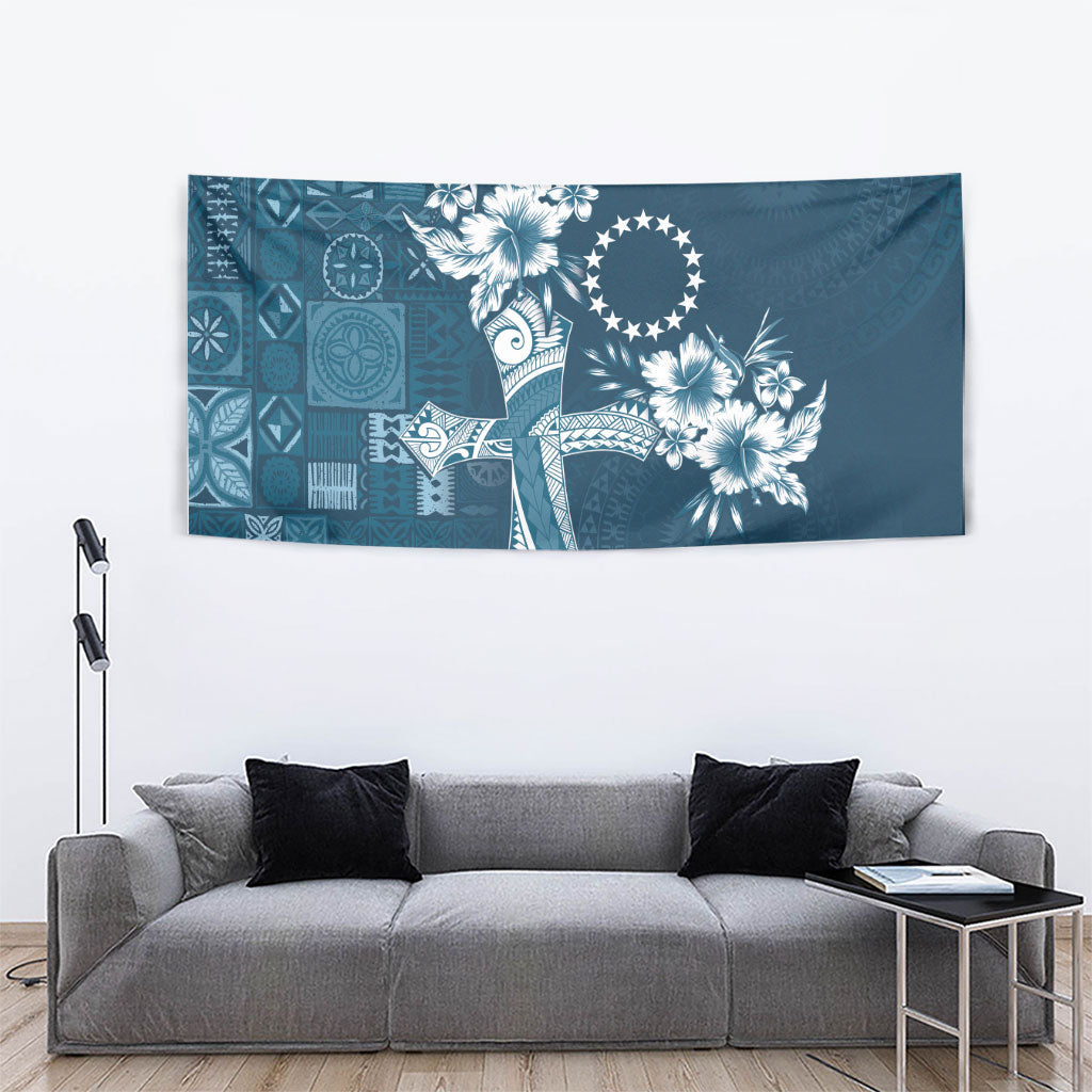 Kia Orana Cook Islands Tapa Floral With Cross Tapestry Navy Blue