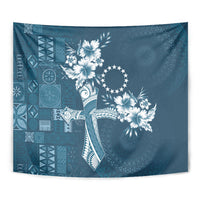 Kia Orana Cook Islands Tapa Floral With Cross Tapestry Navy Blue