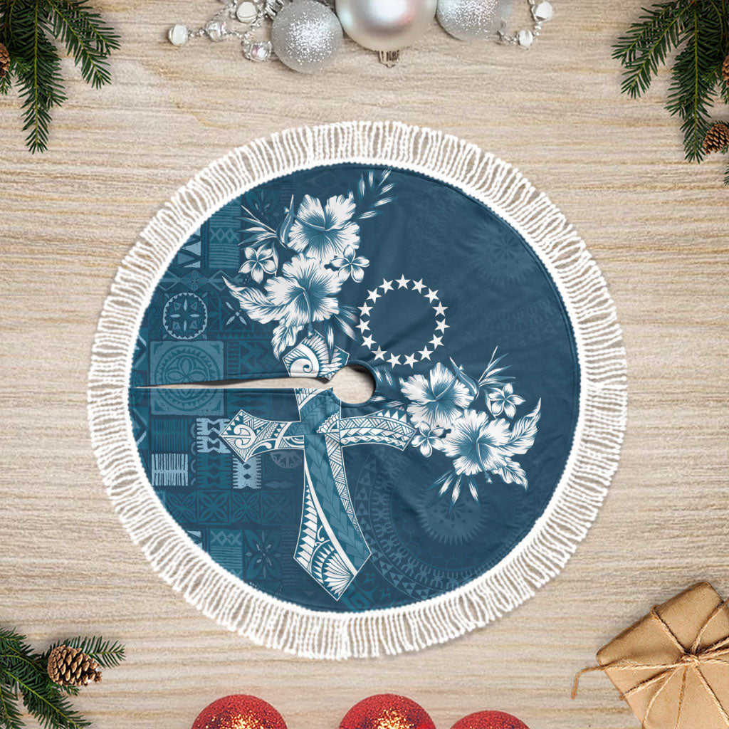 Kia Orana Cook Islands Tapa Floral With Cross Tree Skirt Navy Blue LT7 Fringed Navy Blue - Polynesian Pride