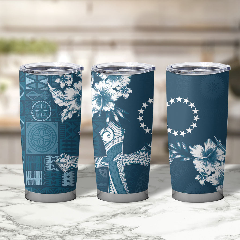 Kia Orana Cook Islands Tapa Floral With Cross Tumbler Cup Navy Blue LT7 - Polynesian Pride