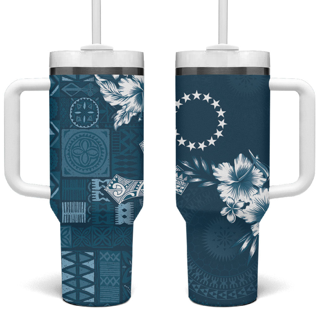 Kia Orana Cook Islands Tapa Floral With Cross Tumbler With Handle Navy Blue LT7 One Size: 40 oz Navy Blue - Polynesian Pride