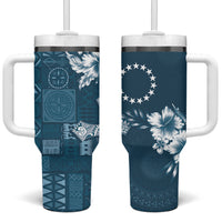 Kia Orana Cook Islands Tapa Floral With Cross Tumbler With Handle Navy Blue LT7 One Size: 40 oz Navy Blue - Polynesian Pride