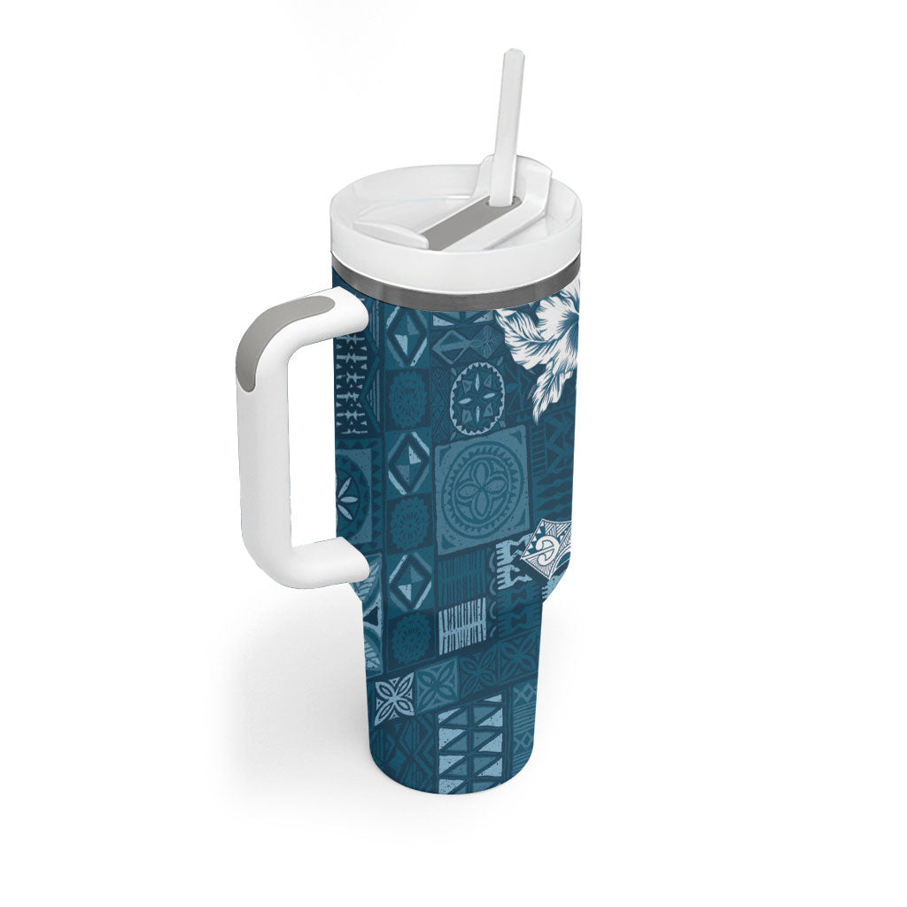 Kia Orana Cook Islands Tapa Floral With Cross Tumbler With Handle Navy Blue LT7 - Polynesian Pride