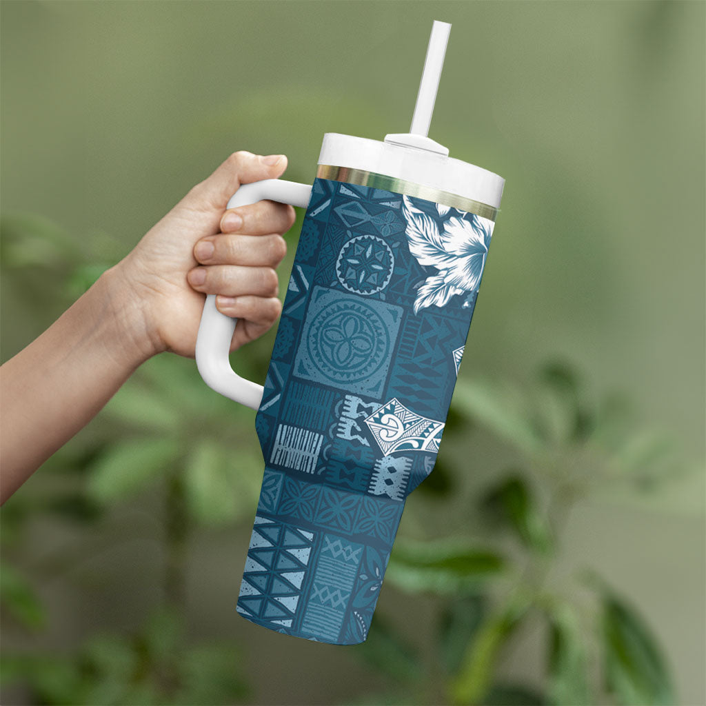 Kia Orana Cook Islands Tapa Floral With Cross Tumbler With Handle Navy Blue LT7 - Polynesian Pride