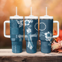 Kia Orana Cook Islands Tapa Floral With Cross Tumbler With Handle Navy Blue LT7 - Polynesian Pride