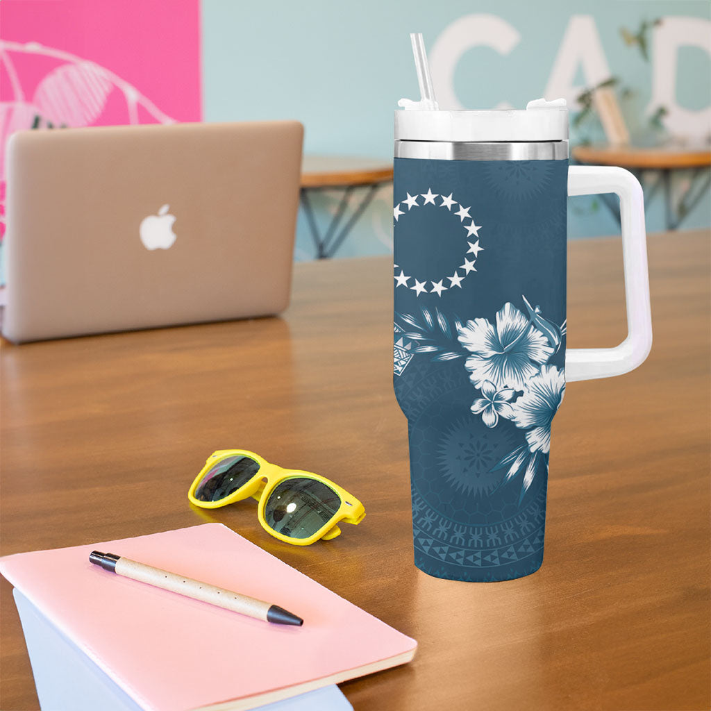 Kia Orana Cook Islands Tapa Floral With Cross Tumbler With Handle Navy Blue LT7 - Polynesian Pride
