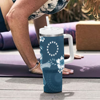 Kia Orana Cook Islands Tapa Floral With Cross Tumbler With Handle Navy Blue LT7 - Polynesian Pride