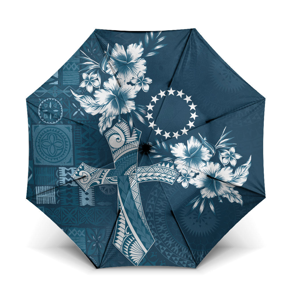 Kia Orana Cook Islands Tapa Floral With Cross Umbrella Navy Blue