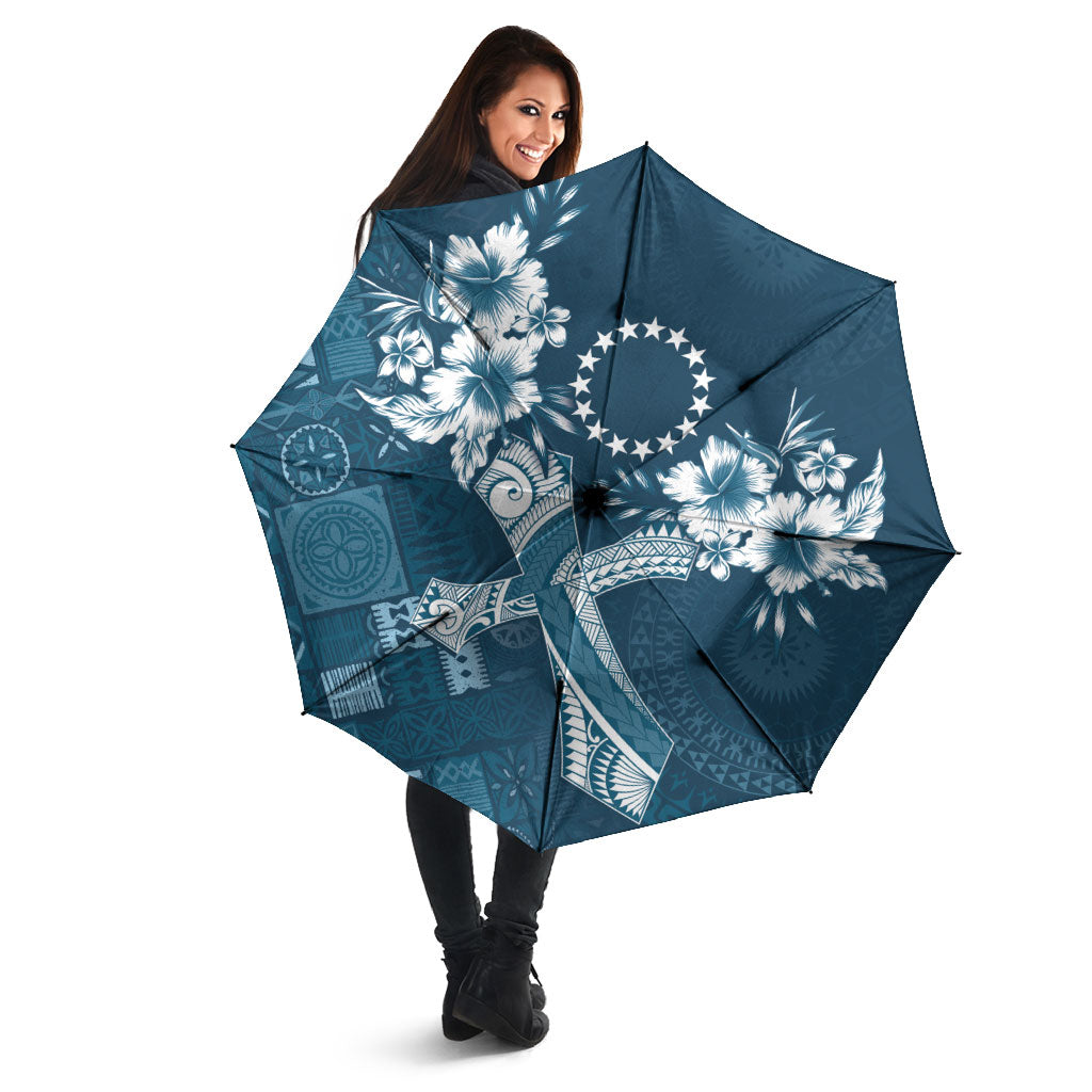 Kia Orana Cook Islands Tapa Floral With Cross Umbrella Navy Blue