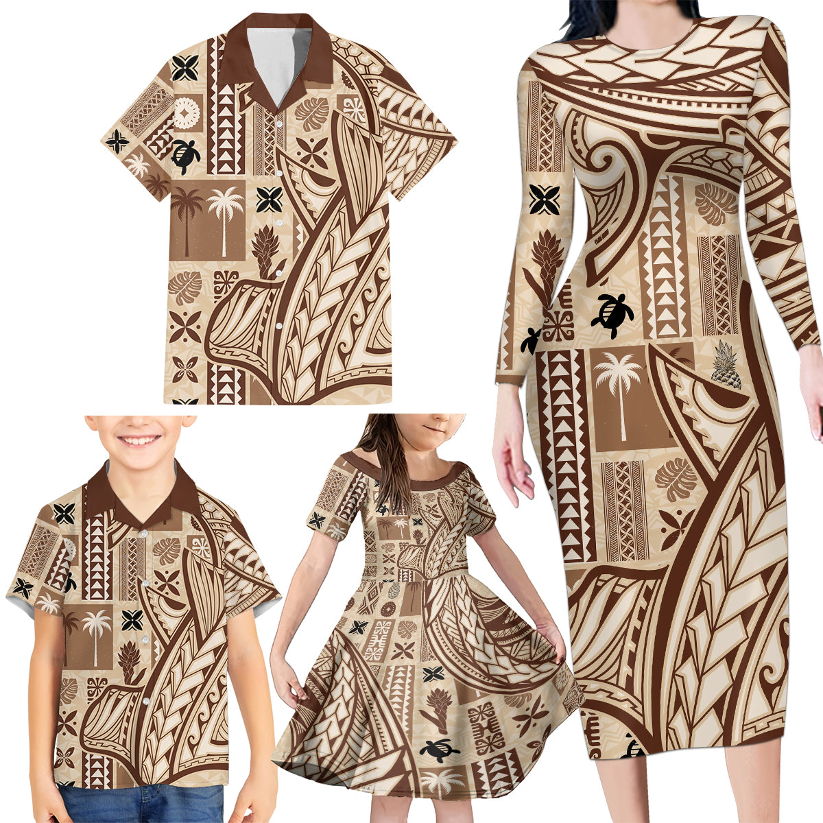Samoa Tapa Family Matching Long Sleeve Bodycon Dress and Hawaiian Shirt Siapo Mix Tatau Patterns LT7 - Polynesian Pride