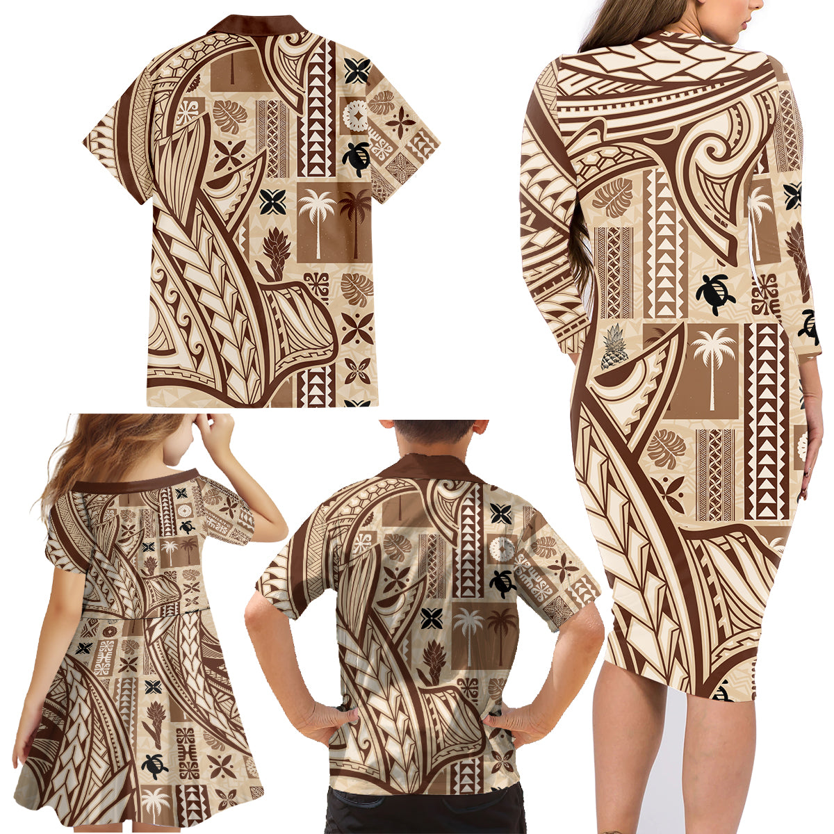 Samoa Tapa Family Matching Long Sleeve Bodycon Dress and Hawaiian Shirt Siapo Mix Tatau Patterns LT7 - Polynesian Pride