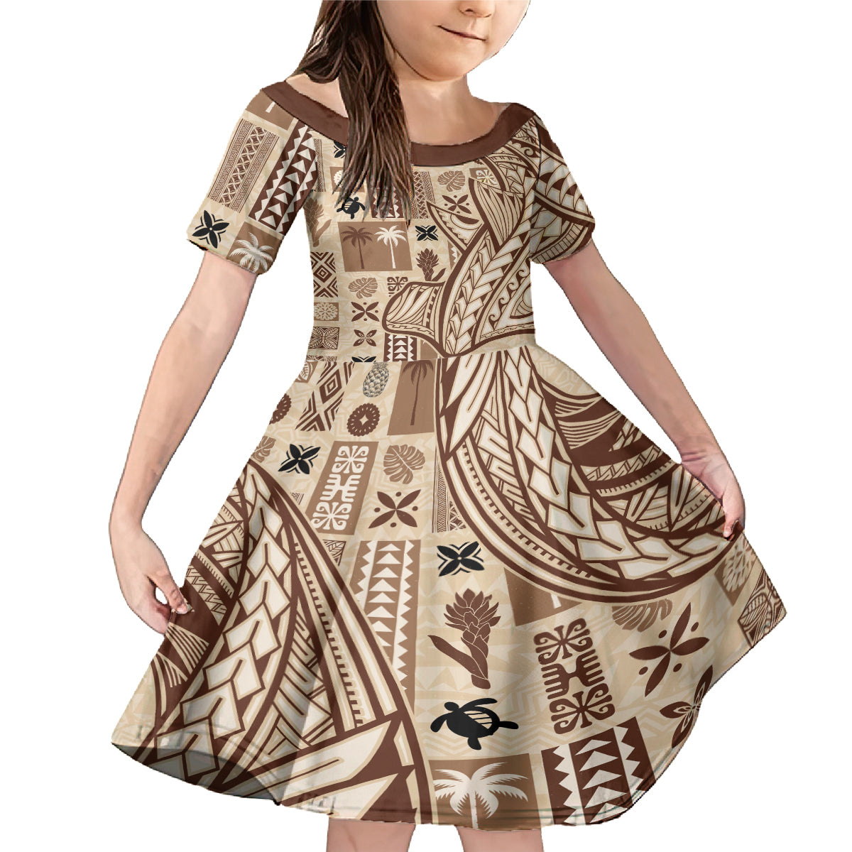 Samoa Tapa Family Matching Mermaid Dress and Hawaiian Shirt Siapo Mix Tatau Patterns LT7 Daughter's Dress Beige - Polynesian Pride