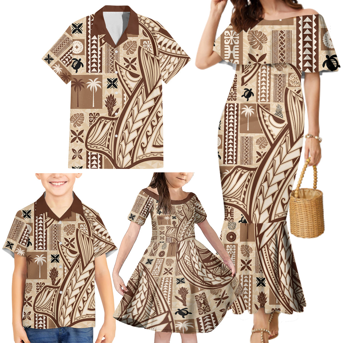 Samoa Tapa Family Matching Mermaid Dress and Hawaiian Shirt Siapo Mix Tatau Patterns LT7 - Polynesian Pride