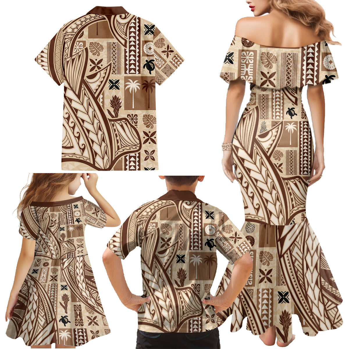 Samoa Tapa Family Matching Mermaid Dress and Hawaiian Shirt Siapo Mix Tatau Patterns LT7 - Polynesian Pride
