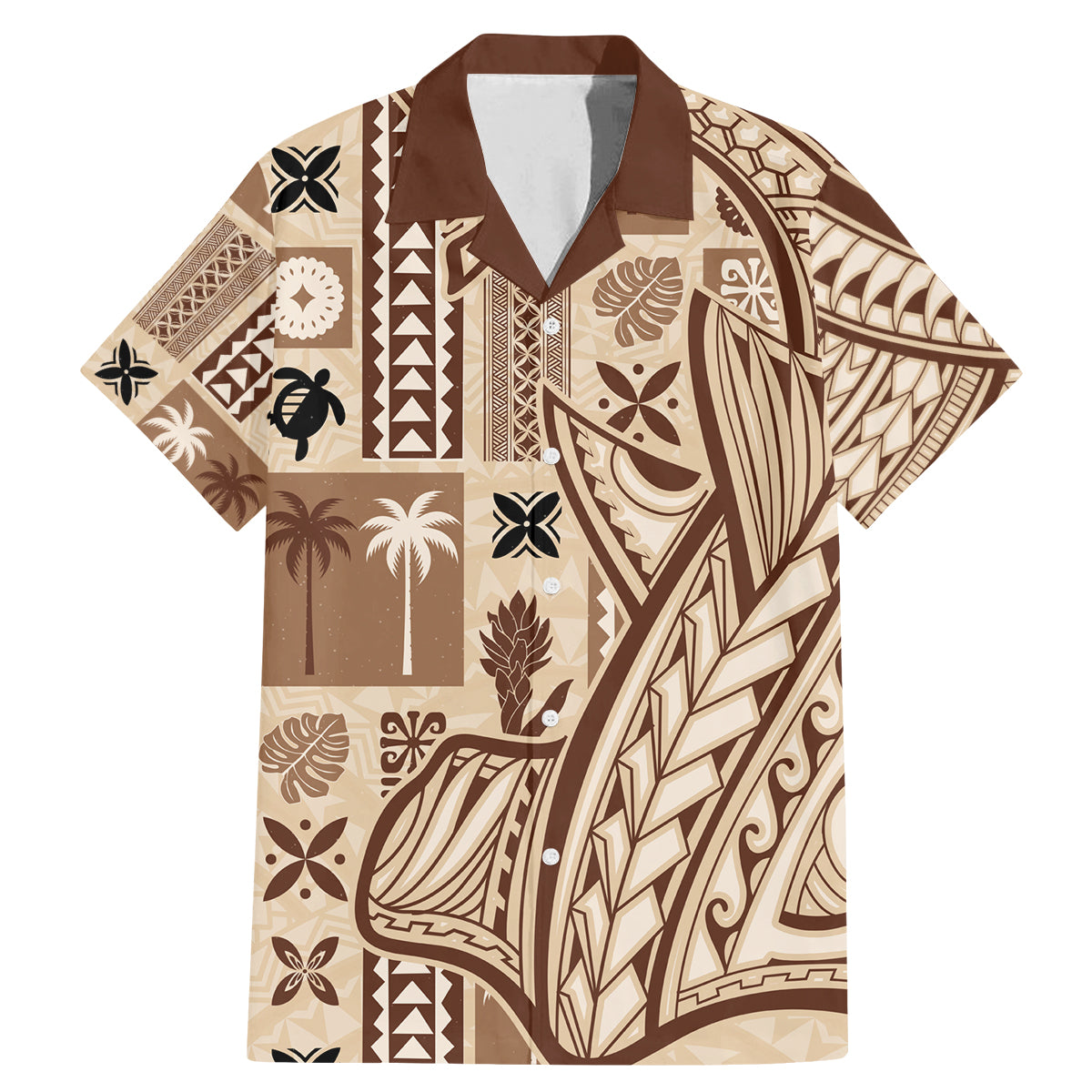 Samoa Tapa Family Matching Mermaid Dress and Hawaiian Shirt Siapo Mix Tatau Patterns LT7 Dad's Shirt - Short Sleeve Beige - Polynesian Pride