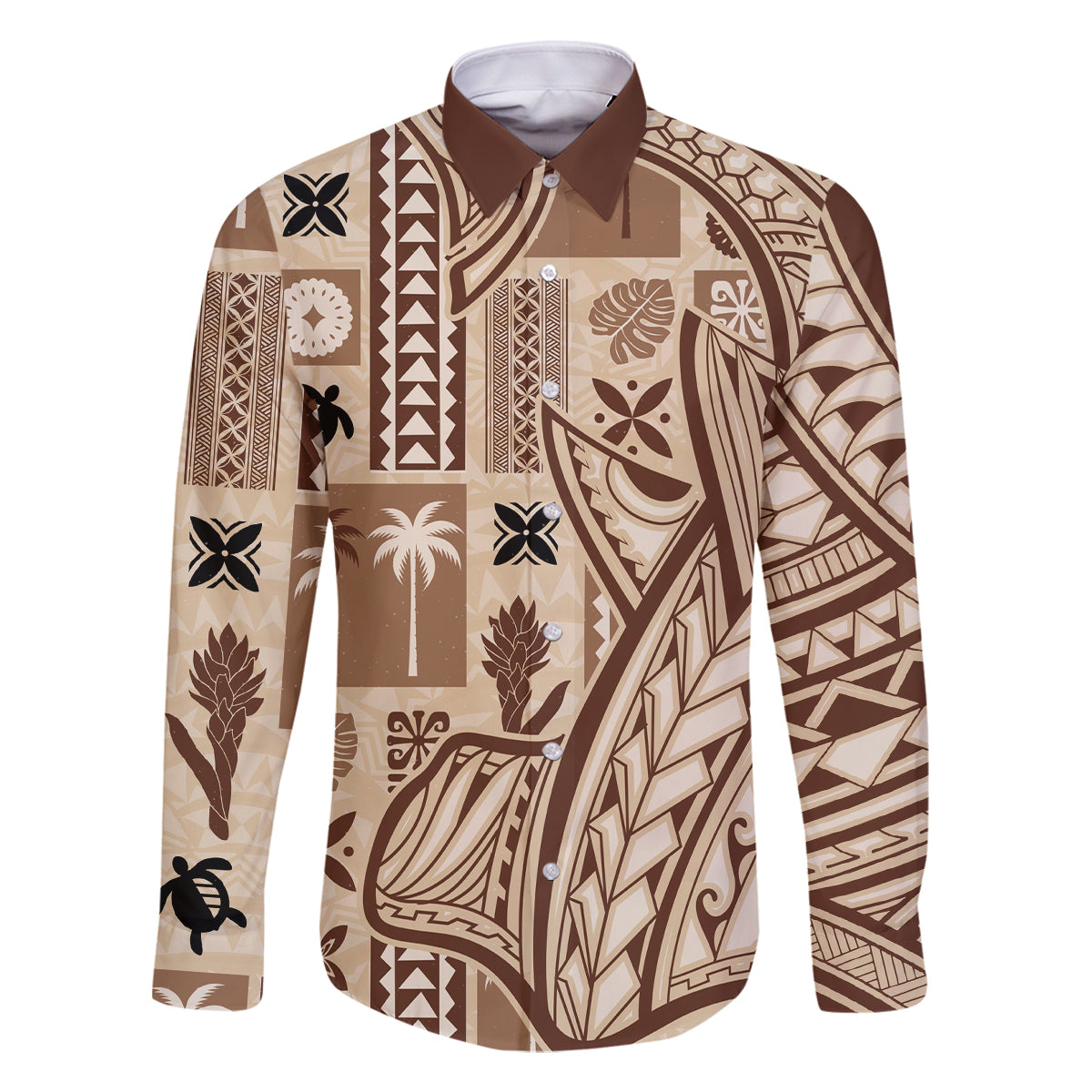 Samoa Tapa Family Matching Mermaid Dress and Hawaiian Shirt Siapo Mix Tatau Patterns LT7 Dad's Shirt - Long Sleeve Beige - Polynesian Pride