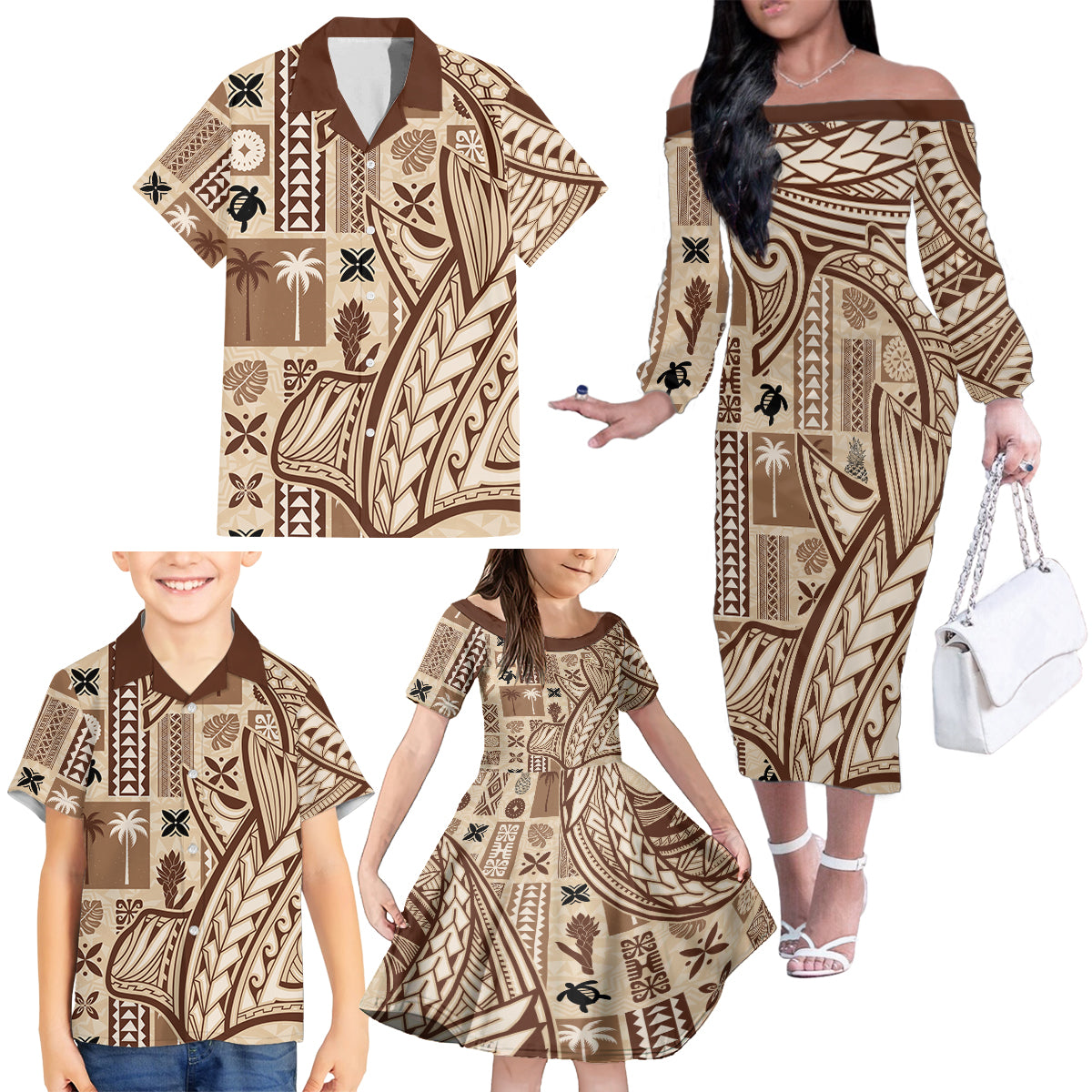 Samoa Tapa Family Matching Off Shoulder Long Sleeve Dress and Hawaiian Shirt Siapo Mix Tatau Patterns LT7 - Polynesian Pride