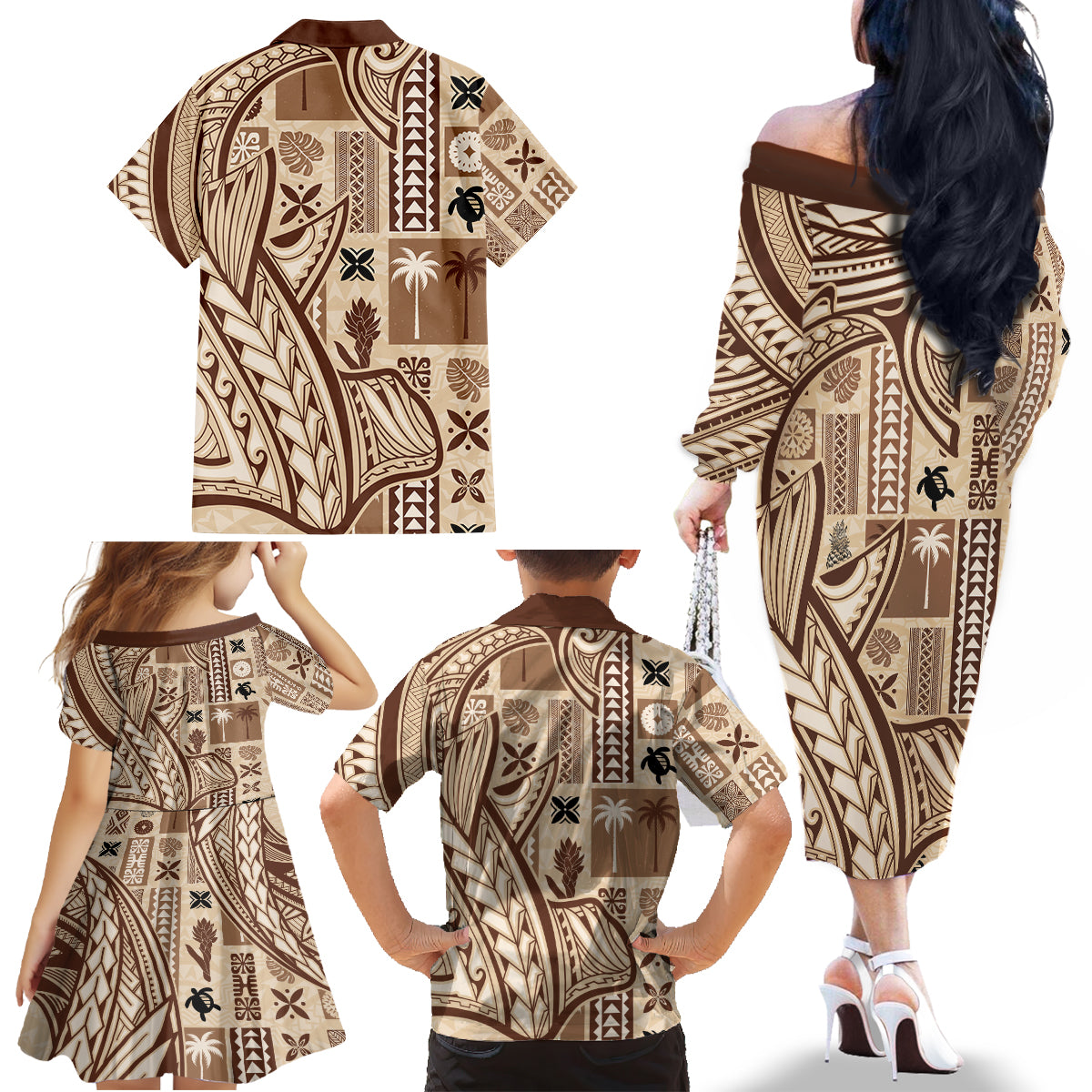 Samoa Tapa Family Matching Off Shoulder Long Sleeve Dress and Hawaiian Shirt Siapo Mix Tatau Patterns LT7 - Polynesian Pride