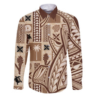Samoa Tapa Family Matching Off Shoulder Long Sleeve Dress and Hawaiian Shirt Siapo Mix Tatau Patterns LT7 Dad's Shirt - Long Sleeve Beige - Polynesian Pride