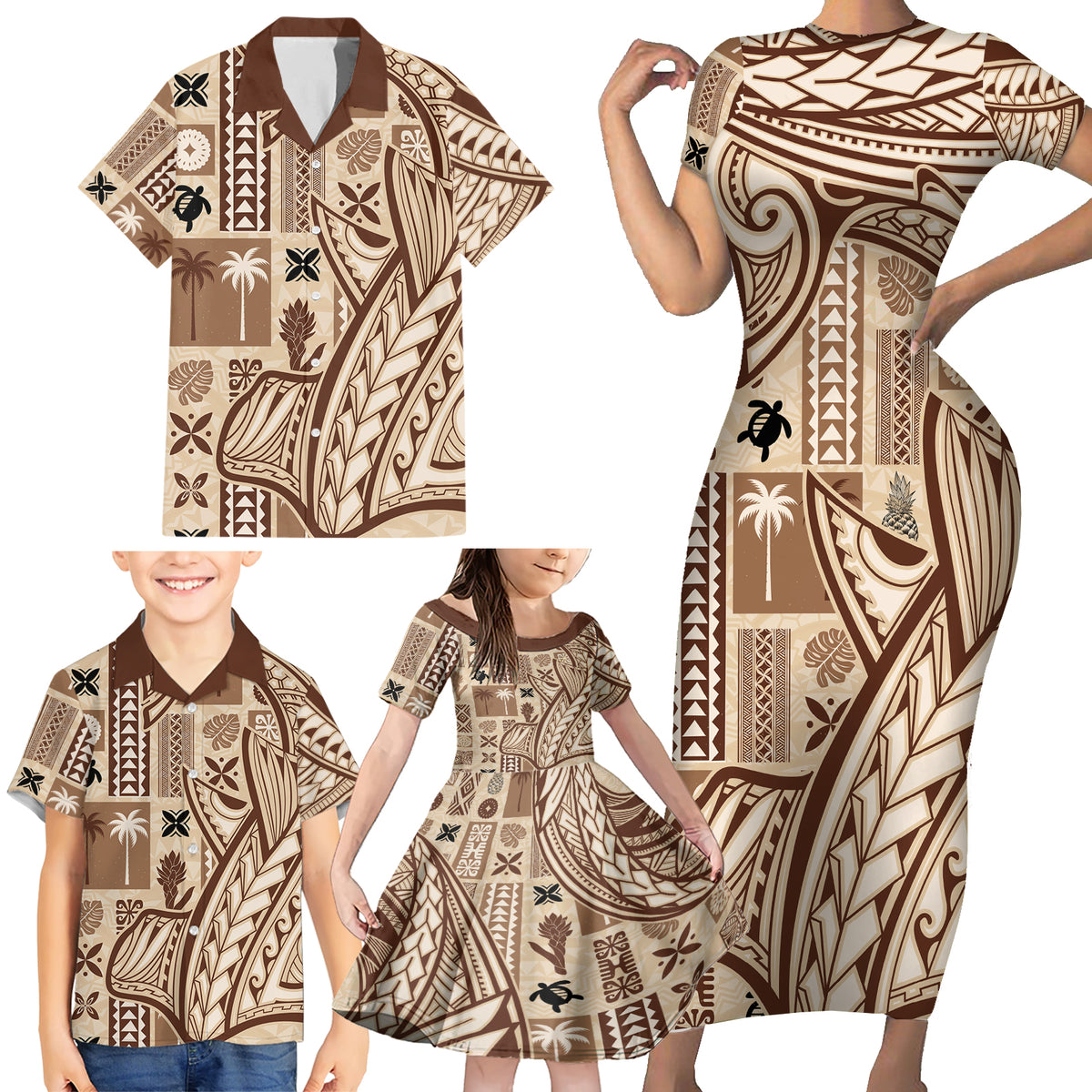 Samoa Tapa Family Matching Short Sleeve Bodycon Dress and Hawaiian Shirt Siapo Mix Tatau Patterns LT7 - Polynesian Pride