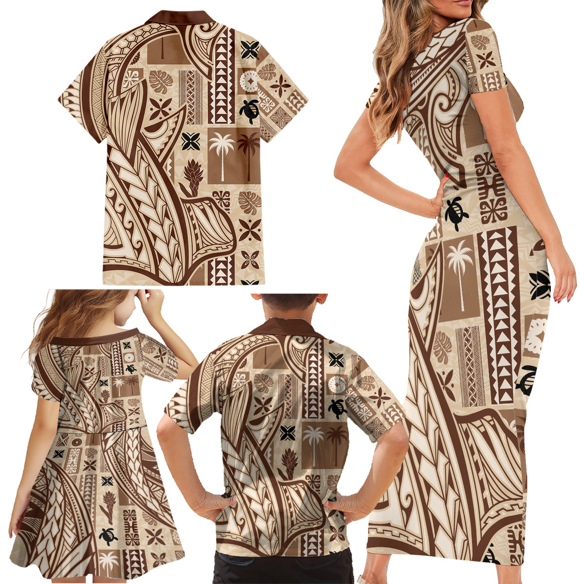 Samoa Tapa Family Matching Short Sleeve Bodycon Dress and Hawaiian Shirt Siapo Mix Tatau Patterns LT7 - Polynesian Pride