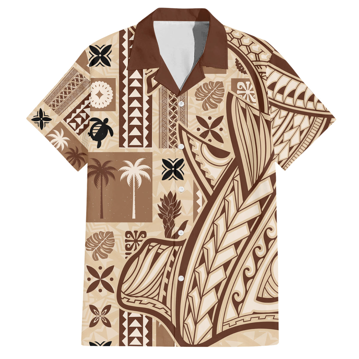 Samoa Tapa Family Matching Short Sleeve Bodycon Dress and Hawaiian Shirt Siapo Mix Tatau Patterns LT7 Dad's Shirt - Short Sleeve Beige - Polynesian Pride