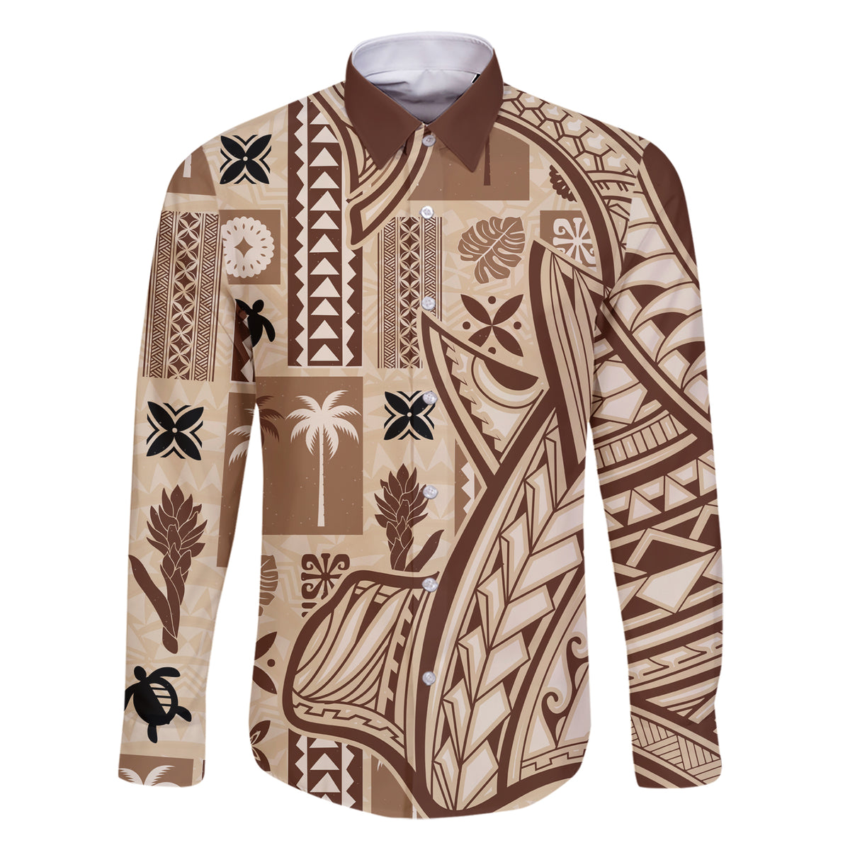 Samoa Tapa Family Matching Short Sleeve Bodycon Dress and Hawaiian Shirt Siapo Mix Tatau Patterns LT7 Dad's Shirt - Long Sleeve Beige - Polynesian Pride