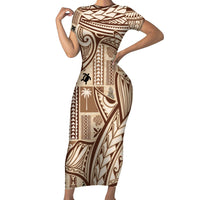 Samoa Tapa Family Matching Short Sleeve Bodycon Dress and Hawaiian Shirt Siapo Mix Tatau Patterns LT7 Mom's Dress Beige - Polynesian Pride