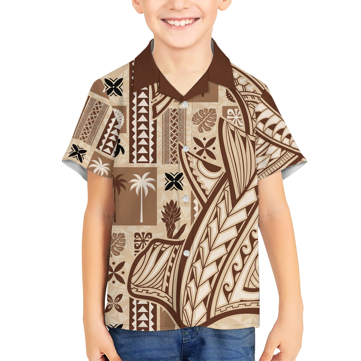 Samoa Tapa Family Matching Short Sleeve Bodycon Dress and Hawaiian Shirt Siapo Mix Tatau Patterns LT7 Son's Shirt Beige - Polynesian Pride