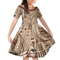Samoa Tapa Family Matching Tank Maxi Dress and Hawaiian Shirt Siapo Mix Tatau Patterns LT7 Daughter's Dress Beige - Polynesian Pride