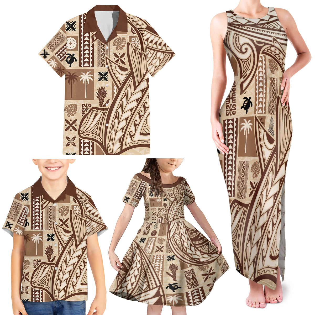 Samoa Tapa Family Matching Tank Maxi Dress and Hawaiian Shirt Siapo Mix Tatau Patterns LT7 - Polynesian Pride