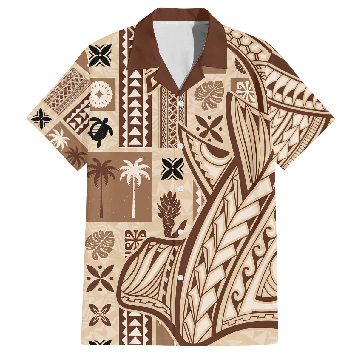 Samoa Tapa Family Matching Tank Maxi Dress and Hawaiian Shirt Siapo Mix Tatau Patterns LT7 Dad's Shirt - Short Sleeve Beige - Polynesian Pride