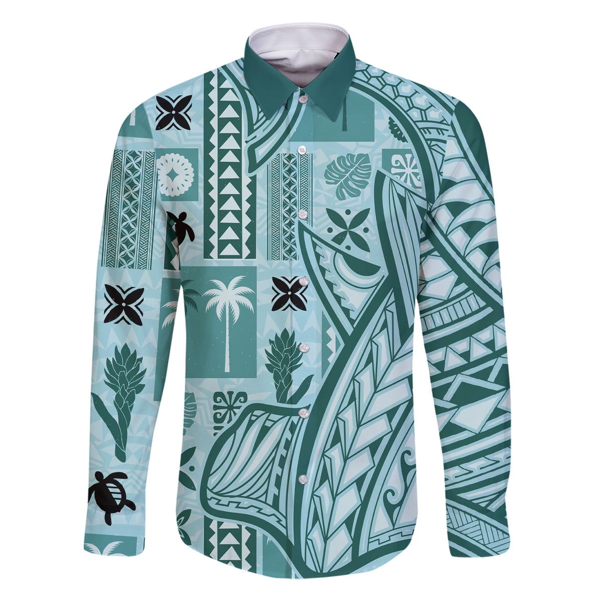 Samoa Tapa Family Matching Long Sleeve Bodycon Dress and Hawaiian Shirt Siapo Mix Tatau Patterns - Teal LT7 Dad's Shirt - Long Sleeve Teal - Polynesian Pride