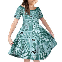 Samoa Tapa Family Matching Summer Maxi Dress and Hawaiian Shirt Siapo Mix Tatau Patterns - Teal LT7 Daughter's Dress Teal - Polynesian Pride
