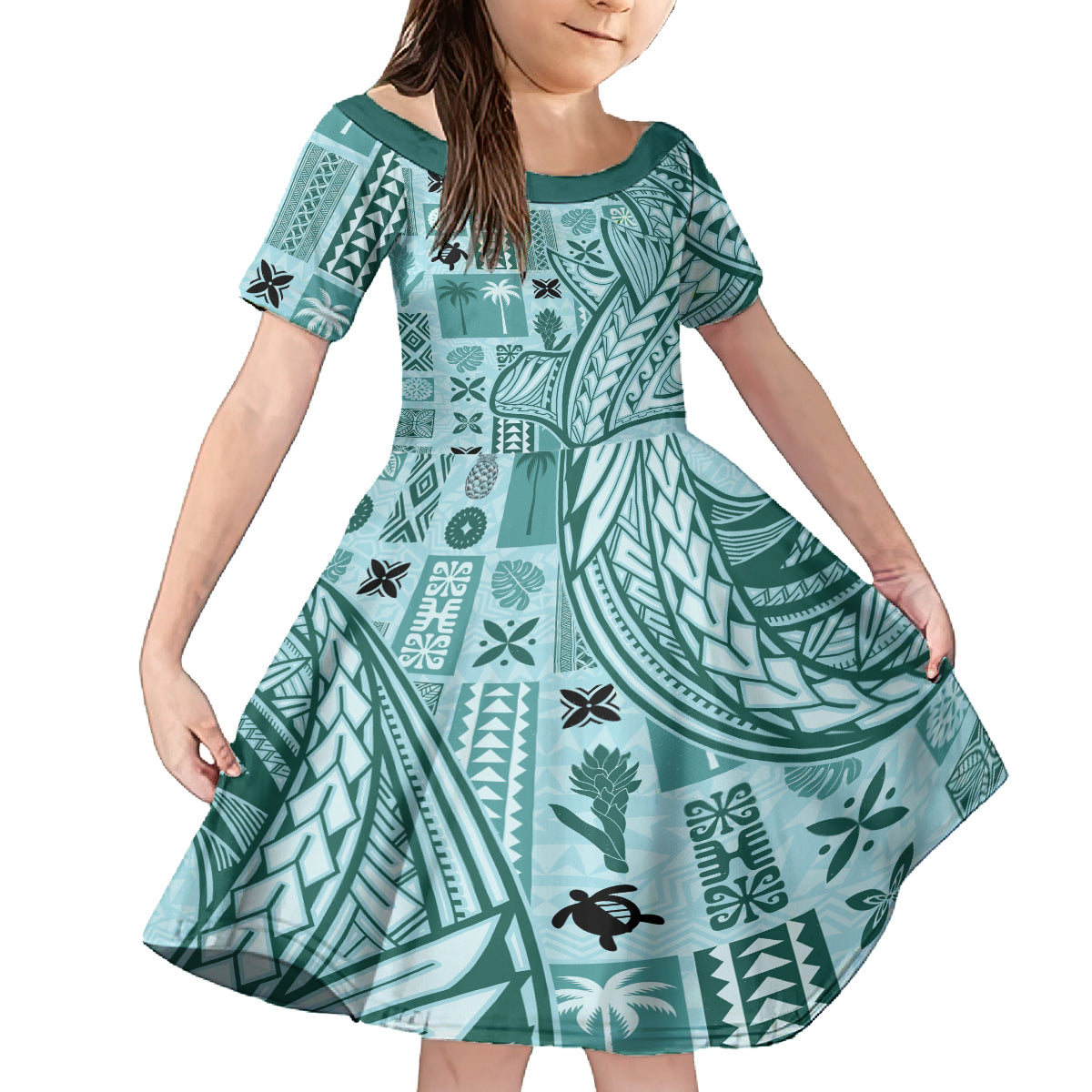Samoa Tapa Family Matching Tank Maxi Dress and Hawaiian Shirt Siapo Mix Tatau Patterns - Teal LT7 Daughter's Dress Teal - Polynesian Pride