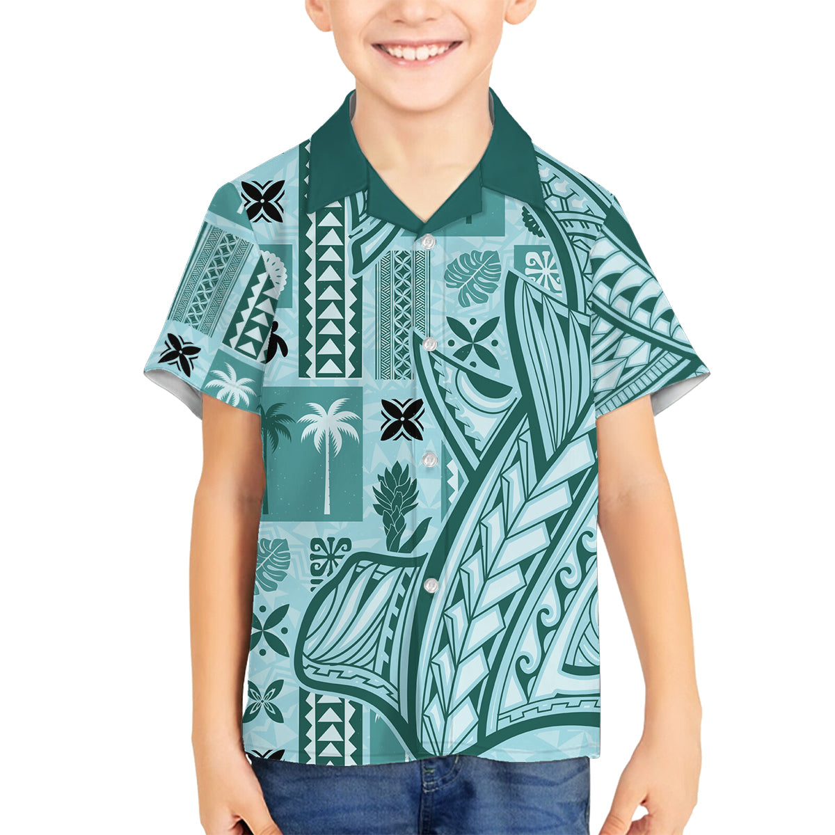 Samoa Tapa Family Matching Tank Maxi Dress and Hawaiian Shirt Siapo Mix Tatau Patterns - Teal LT7 Son's Shirt Teal - Polynesian Pride