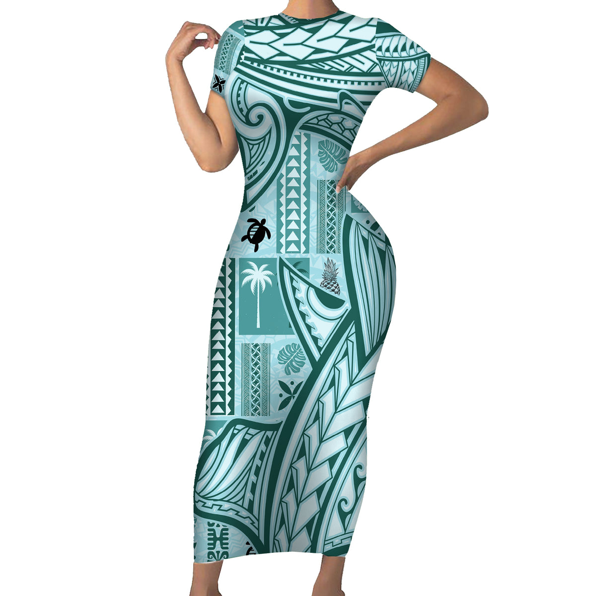 Samoa Tapa Short Sleeve Bodycon Dress Siapo Mix Tatau Patterns - Teal LT7 Long Dress Teal - Polynesian Pride