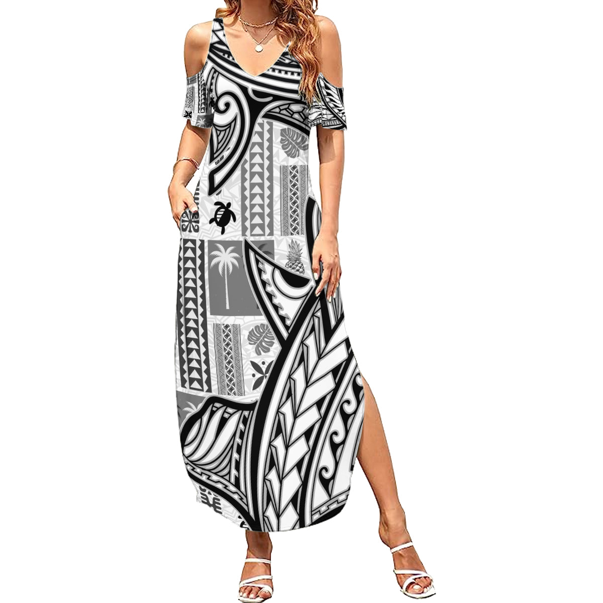 Samoa Tapa Family Matching Summer Maxi Dress and Hawaiian Shirt Siapo Mix Tatau Patterns - White LT7 Mom's Dress White - Polynesian Pride