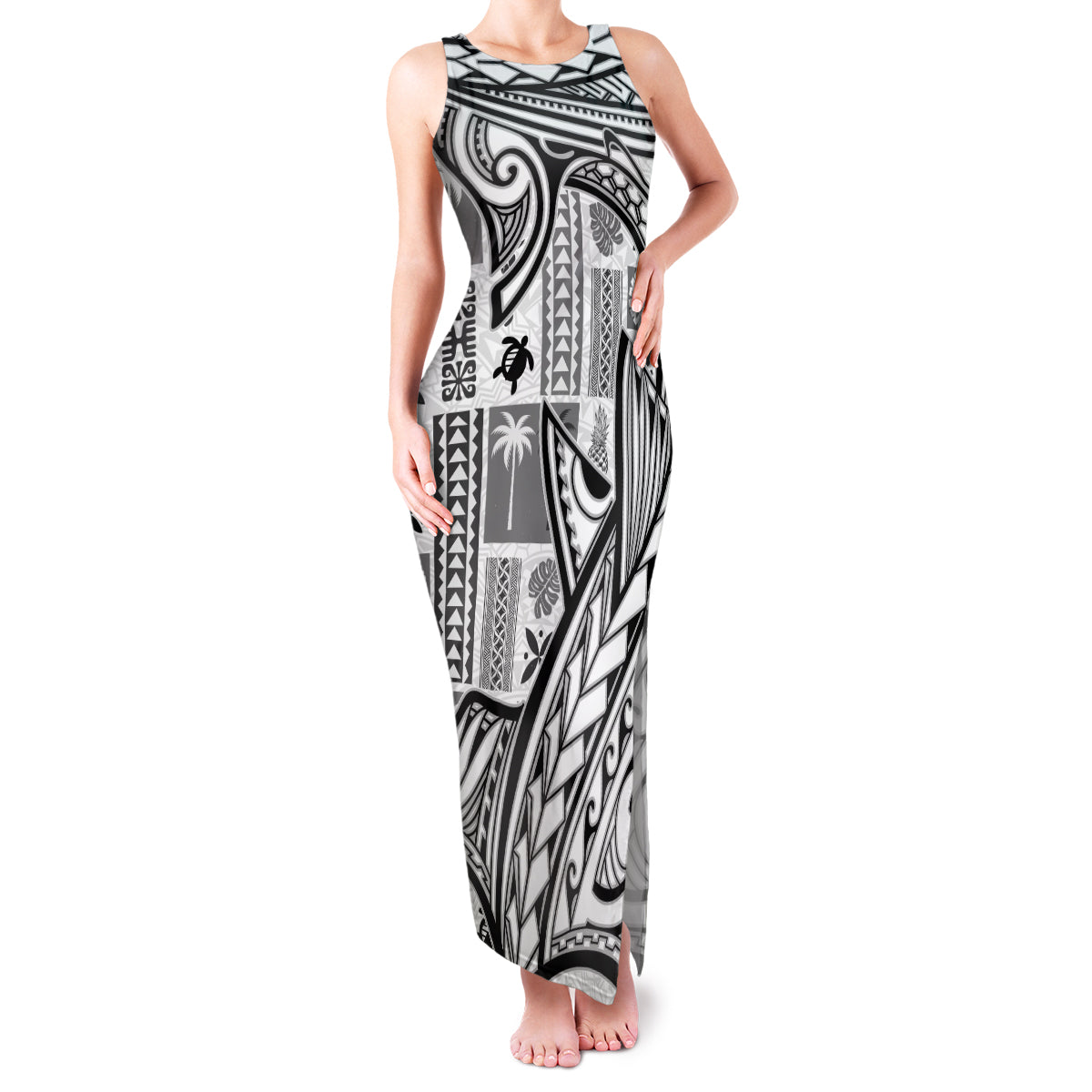 Samoa Tapa Family Matching Tank Maxi Dress and Hawaiian Shirt Siapo Mix Tatau Patterns - White LT7 Mom's Dress White - Polynesian Pride