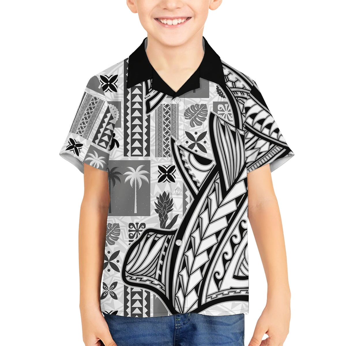 Samoa Tapa Family Matching Tank Maxi Dress and Hawaiian Shirt Siapo Mix Tatau Patterns - White LT7 Son's Shirt White - Polynesian Pride