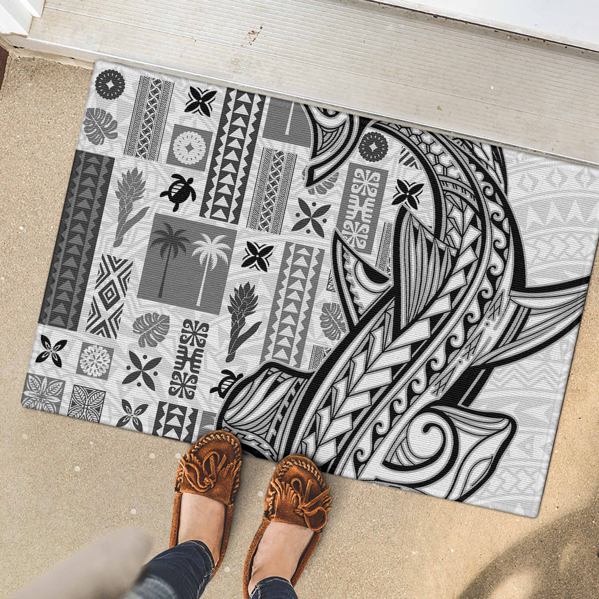 Samoa Tapa Rubber Doormat Siapo Mix Tatau Patterns - White LT7 - Polynesian Pride