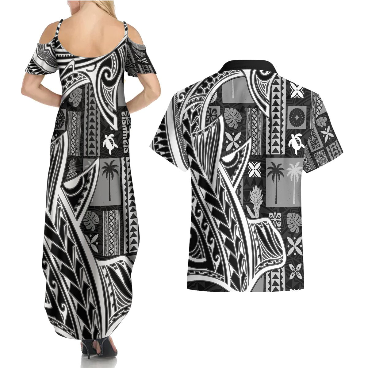 Samoa Tapa Couples Matching Summer Maxi Dress and Hawaiian Shirt Siapo Mix Tatau Patterns - Black LT7 - Polynesian Pride