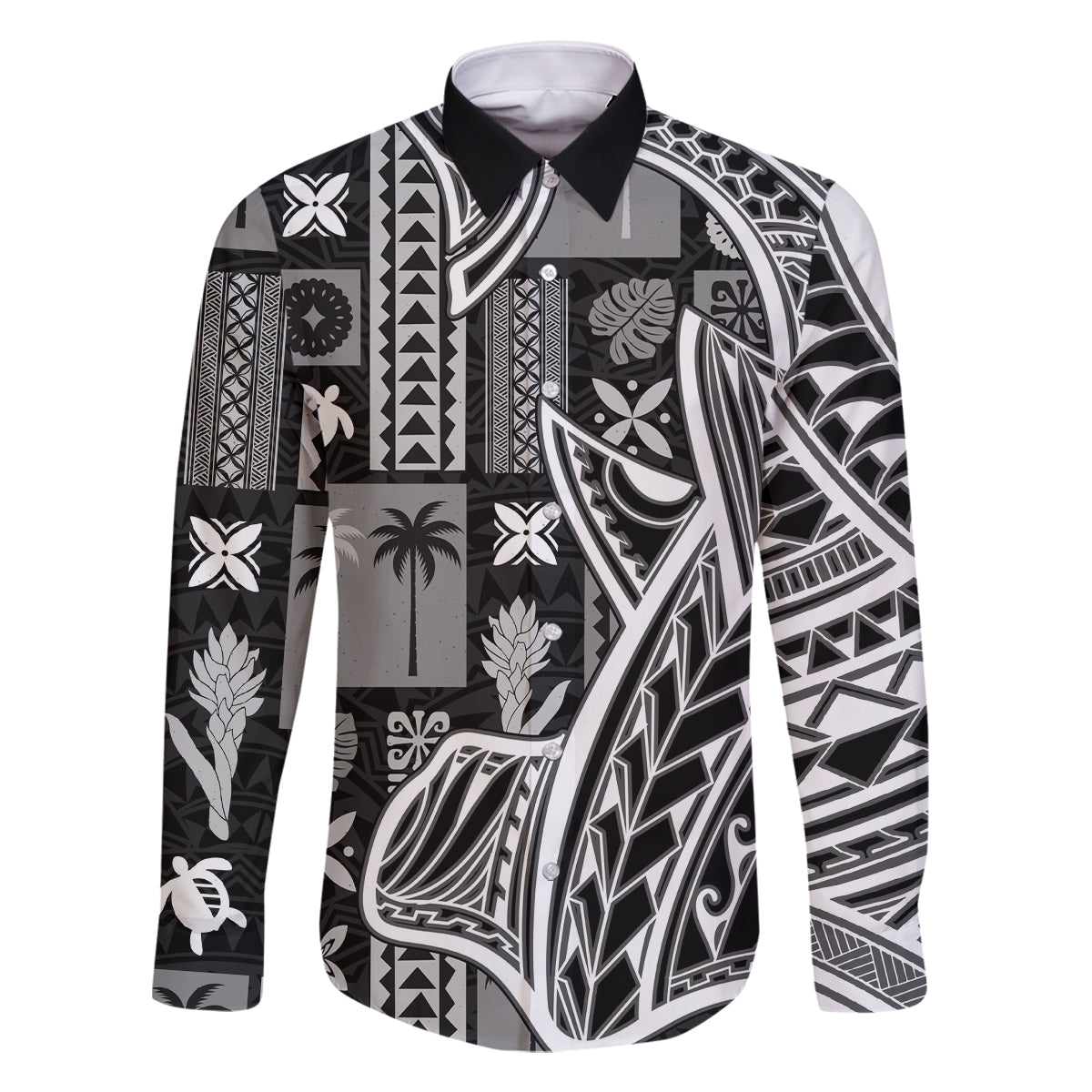 Samoa Tapa Family Matching Off Shoulder Maxi Dress and Hawaiian Shirt Siapo Mix Tatau Patterns - Black LT7 Dad's Shirt - Long Sleeve Black - Polynesian Pride