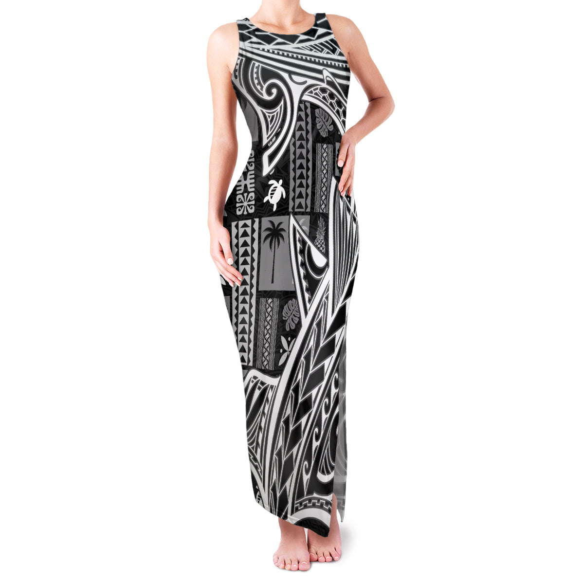 Samoa Tapa Family Matching Tank Maxi Dress and Hawaiian Shirt Siapo Mix Tatau Patterns - Black LT7 Mom's Dress Black - Polynesian Pride