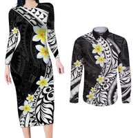 Hawaii Aloha Couples Matching Long Sleeve Bodycon Dress and Long Sleeve Button Shirt Plumeria Vintage - Black LT7 Black - Polynesian Pride