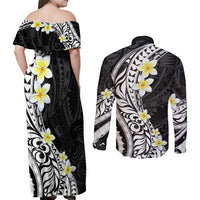 Hawaii Aloha Couples Matching Off Shoulder Maxi Dress and Long Sleeve Button Shirt Plumeria Vintage - Black LT7 - Polynesian Pride