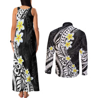 Hawaii Aloha Couples Matching Tank Maxi Dress and Long Sleeve Button Shirt Plumeria Vintage - Black LT7 - Polynesian Pride
